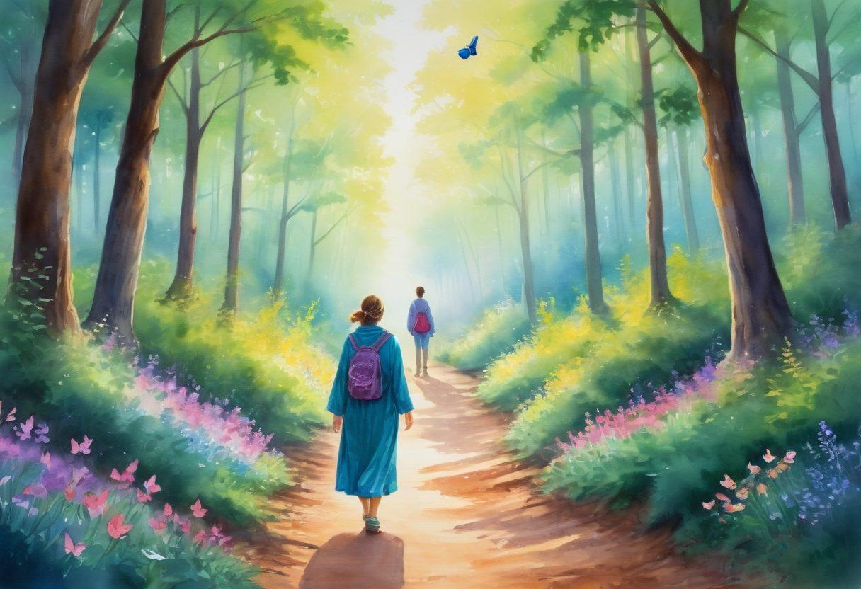 A serene journey through a vibrant forest path representing the journey of recovery in oncology, with soft glowing light illuminating the path. Include symbols of hope like butterflies and blooming flowers along the way, and a figure walking confidently with a supportive hand on their shoulder to symbolize guidance. Emphasize feelings of empowerment and tranquility. watercolor painting. vibrant colors.