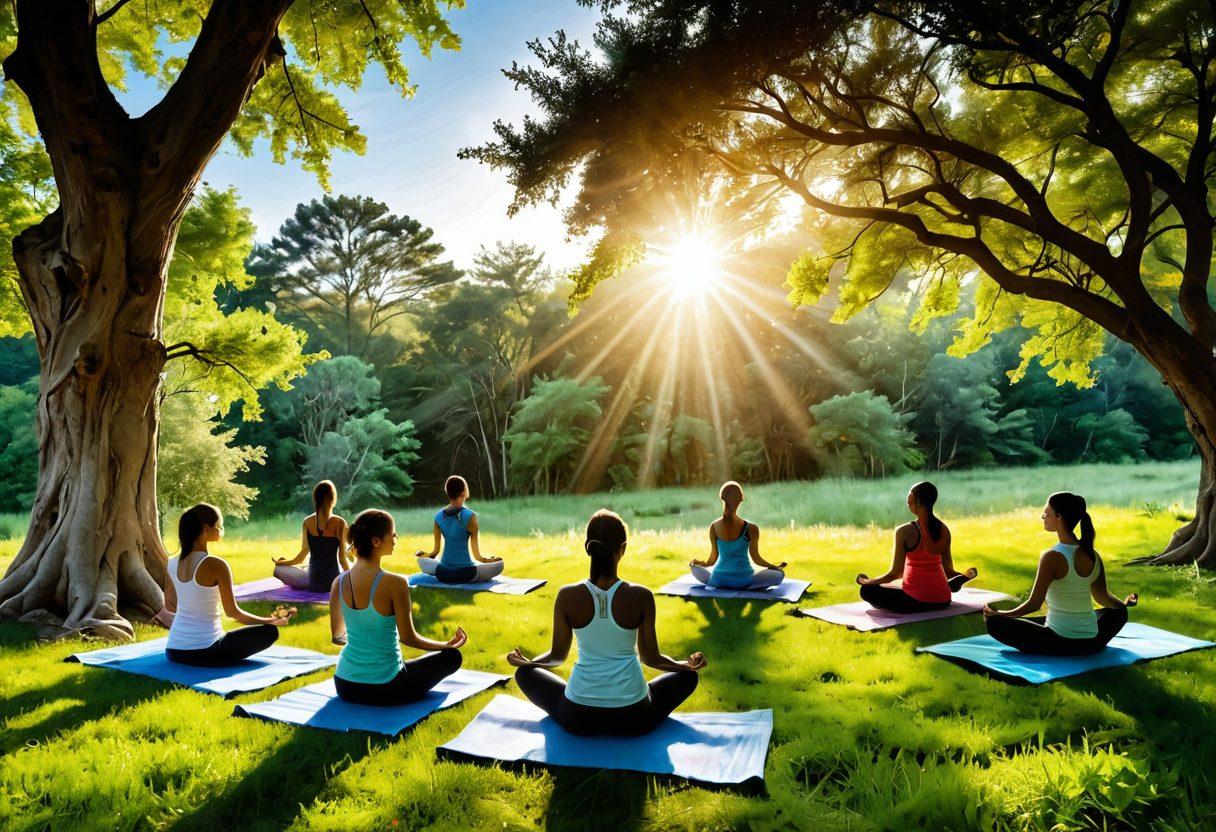 A serene and harmonious landscape illustrating a diverse group of people engaged in holistic practices like yoga, meditation, and nature walks. Surround them with vibrant flora and gentle sunlight breaking through trees, symbolizing wellness and hope. Include elements like essential oils, herbal tea, and soft cushions to enhance the sense of tranquility and integrative care. The sky should be a blend of calming colors, reflecting peace and balance. super-realistic. vibrant colors. natural setting.