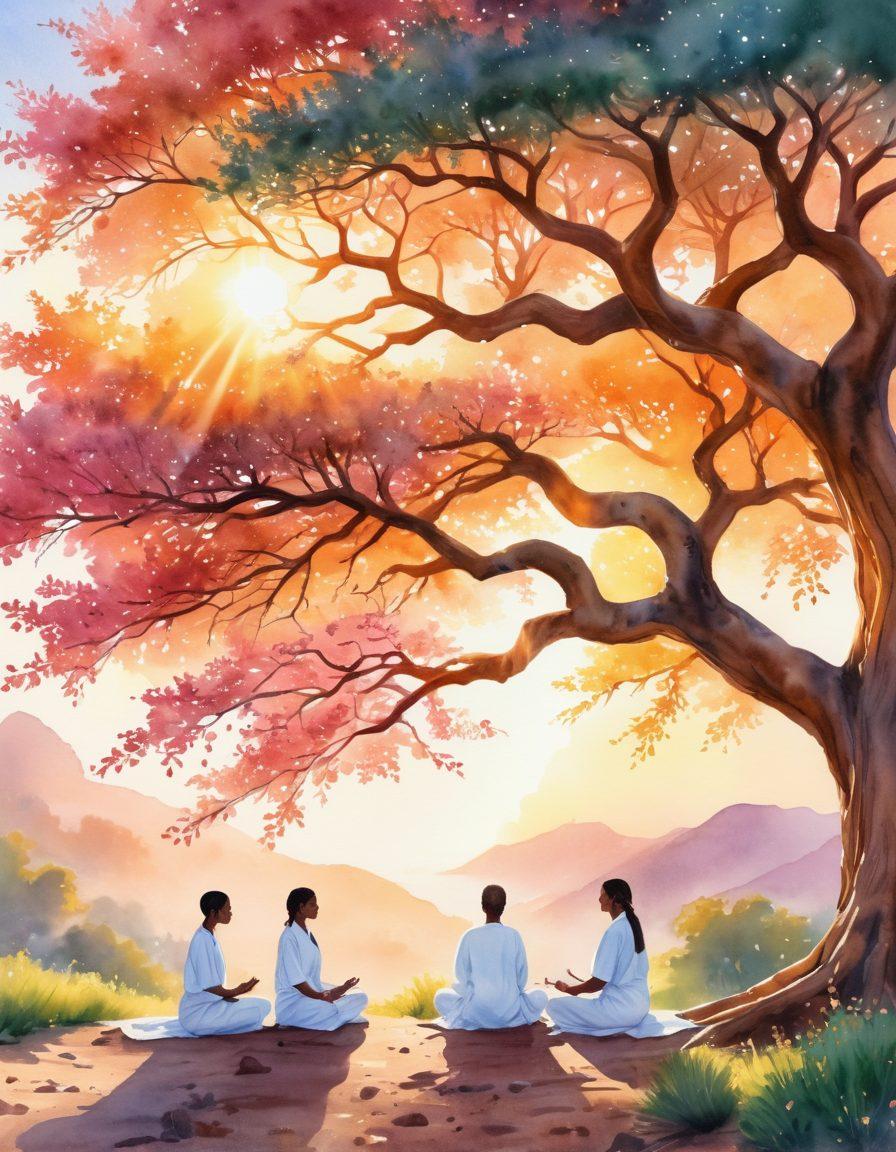 A serene landscape featuring a diverse team of healthcare professionals discussing patient care under a large, blooming tree symbolizing life and healing. Surrounding them are symbols representing holistic practices such as meditation, nutrition, and emotional support illustrated through gentle imagery like soft light and flowing water. In the distance, the sun sets over a peaceful horizon, indicating hope and survival. watercolor painting. vibrant colors. ethereal atmosphere.